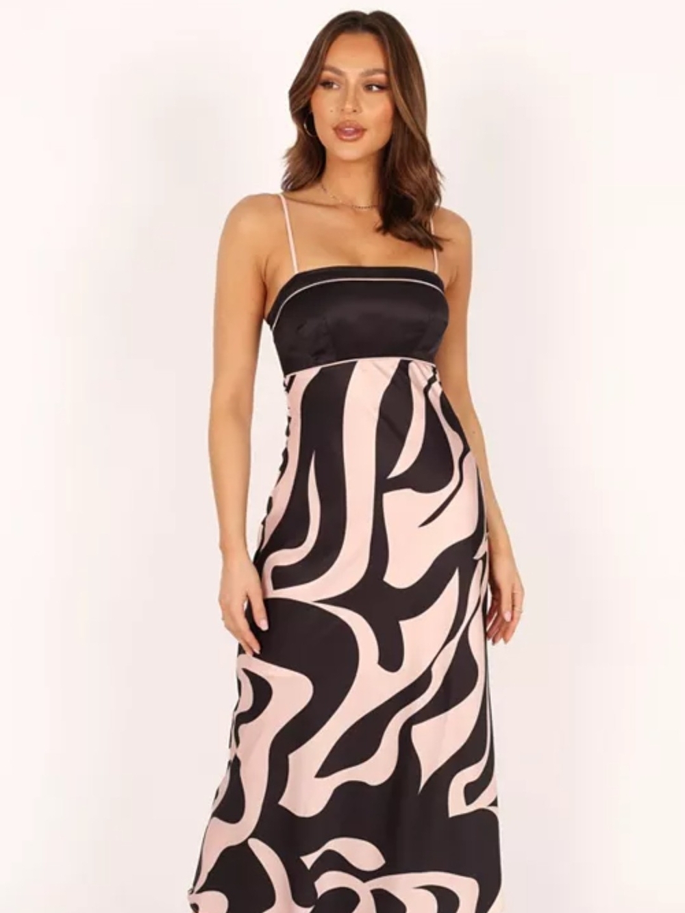 Petal & Pup Dress Size 14 New Satin Midi Side Zip Pink Black Abstract Print